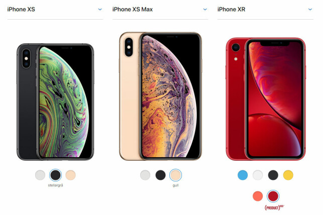 iPhone XS, iPhone XS Max og iPhone XR har alle hver sine ulike skjermer; noen med og noen uten 3D Touch, blant annet. Skjermdump: Apple.no