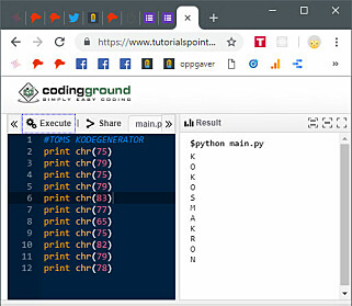 Her ser du Python-koden, og kodeordet den spytter ut.