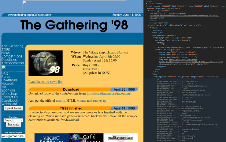 gathering.org var regnet som en meget fremoverlent webside designmessig i 1998. Den brukte tabeller som strakk seg til full bredde. Kanskje lekkert i 1998 når de fleste kjørte 800x600-oppløsning, men ikke fullt så fabelaktig i 1920x1080.