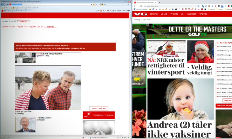 VG i Internet Explorer 8-drakt til venstre, og i nyeste Chrome til høyre. Alt som tegnes av JavaScript mangler, inkludert høyremenyen. VG-logoen vises ikke, siden den er et SVG-bilde. 📸: Jørgen Jacobsen