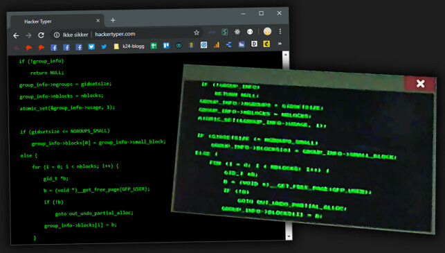 Hackertyper.com til venstre, terminalvinduet fra Beforeigners til høyre, med den samme koden, om du ser skikkelig nøye etter. OMG, som hackere pleier å si på film. 📸: Ole Petter Baugerød Stokke