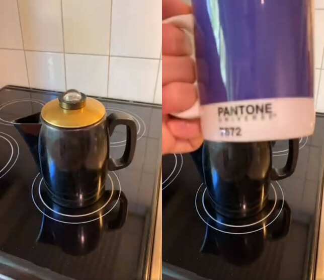 "Koker kaffe med oldemors gamle perkulatorkanne fra Ilovan og kaffebønner fra Godt Brød. Selvfølgelig med lilla Pantone-kaffekopp. 💜" 📸: Andreas Beining