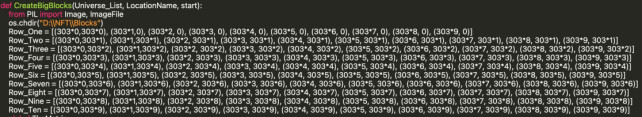 Lite utsnitt fra python-koden som viser 10x10 matrisen med koordinatene.