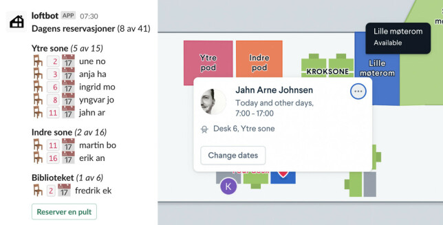 Egenutviklet Loftsbot gir info om bookinger på Slack hver morgen. 📸: Robin håndterer resten
