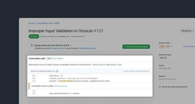 Dersom repoet ditt kaller en sårbar funksjon vil dette vises via UI-en for Dependabot-varsler. 📸: GitHub
