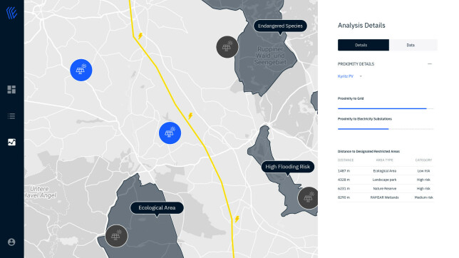 Eksempel på navigering av analyseresultater i Enernite-applikasjonen. Front-enden er bygget vha. React, og bruker både Mapbox og Uber-utviklede Deck.gl til å vise kartdata. Målet er at kundene skal oppleve analysen som både lettfattelig og intuitiv.