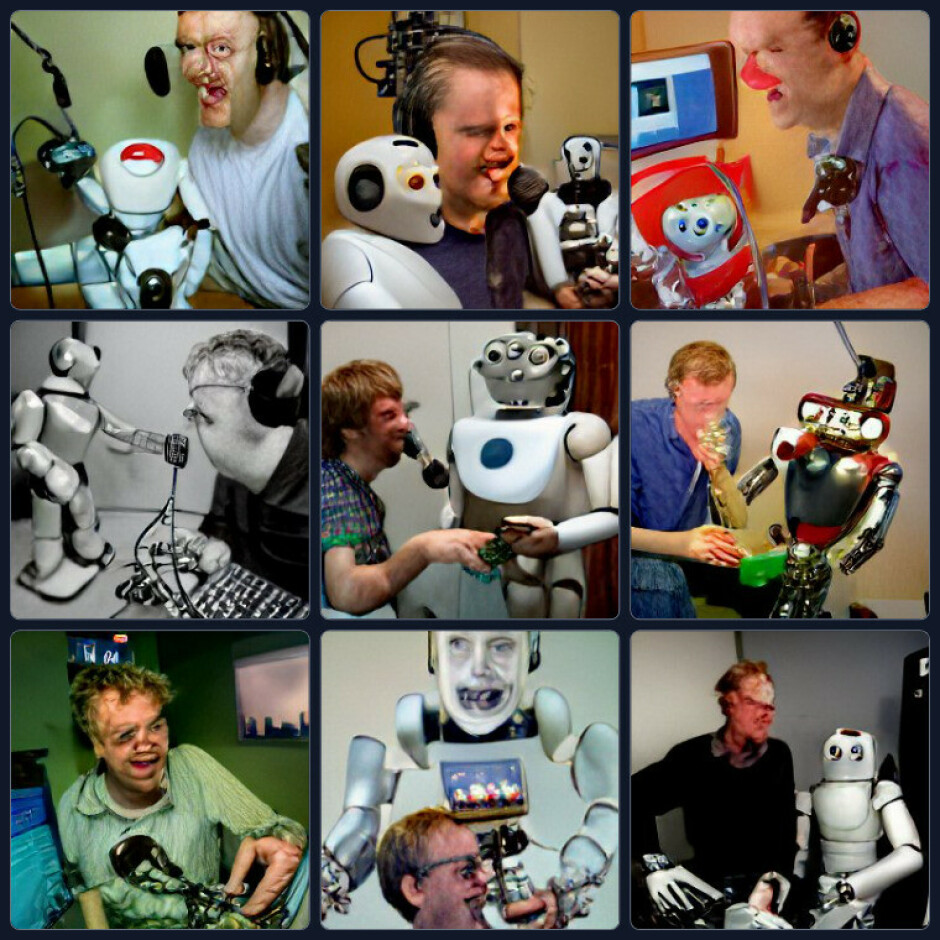 "A man called Ole Petter Baugerød Stokke hosting the podcast called Kode24-timen with a laughing robot" ifølge crayion.com. Tusen takk, når får jeg ikke sove i natt, heller. 📸: craiyon.com