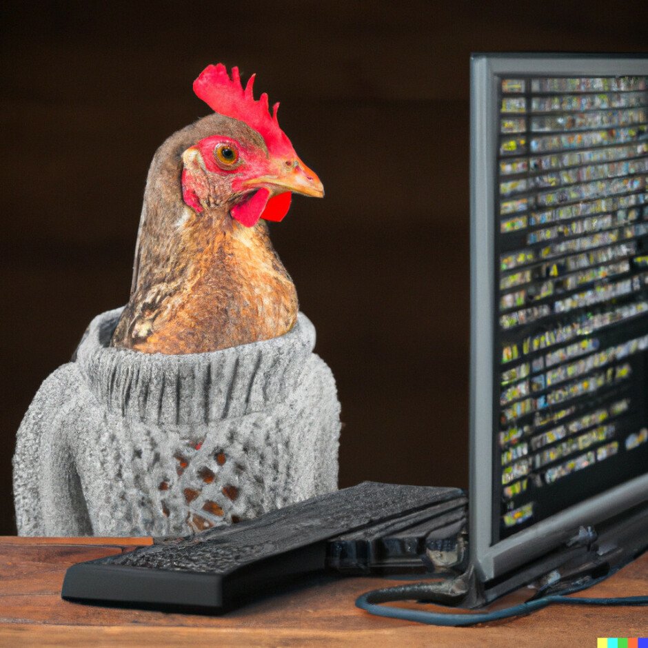 "A chicken writing code on a computer". 📸: DALL·E