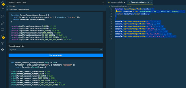 I vinduet nederst til venstre finner du Python-versjonen av koden til høyre. Automatisk oversatt.