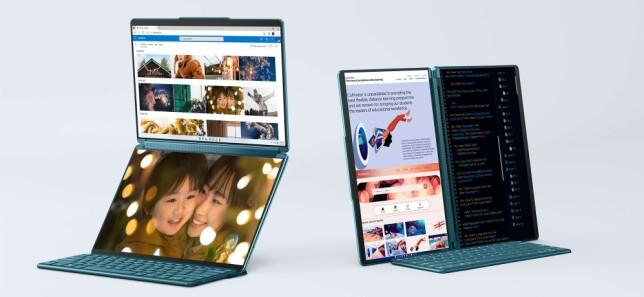Et pressebilde fra Lenovo.com demonstrerer hvordan en utvikler kan bruke de to skjermene på Yoga Book. 📸: Lenovo