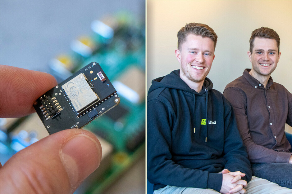Utvikler Pål Dahle og teknologidirektør Endre Hauge Paulsen koder begge selv. Kretskortet til venstre sitter i hver av modulene som måler lydnivå. 📸: Kurt Lekanger