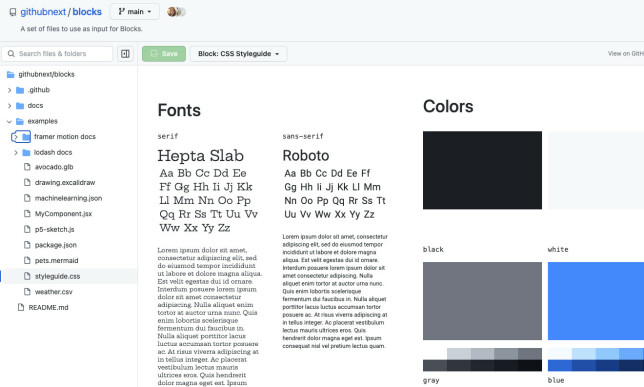 Blokken CSS Styleguide kan vise fonter og farger som er definert i en CSS-fil.