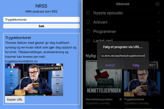 Ved å først søke opp en podcast og få en URL fra NRSS.deno.dev, kan du legge til NRKs podcaster manuelt i for eksempel iPhone sin innebygde pocast-app. 📸: Ole Petter Baugerød Stokke