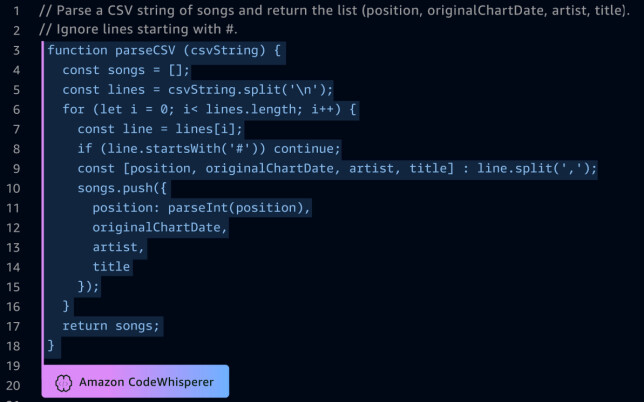 CodeWhisperer kan lage kodesnutter basert på kommentarer i koden. 📸: AWS