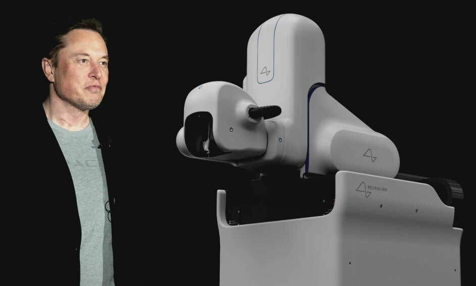 FDA-godkjennelsen «er et viktig første steg som vil føre til at teknologien vår én dag, vil hjelpe mange mennesker», tvitrer Neuralink. Her Neuralink-sjef Elon Musk og deres robot som skal implantere. 📸: AFP / Neuralink / kode24 / montasje