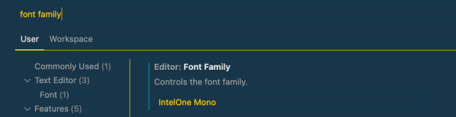 Søk etter "font family" i VS Code og skriv inn IntelOne Mono.