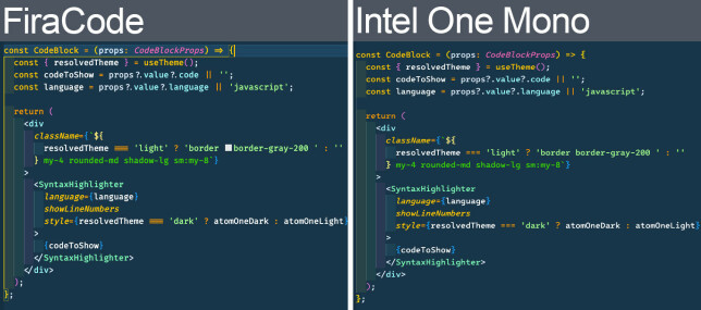 Min "gamle" FiraCode-font til venstre, Intels nye One Mono-font til høyre.