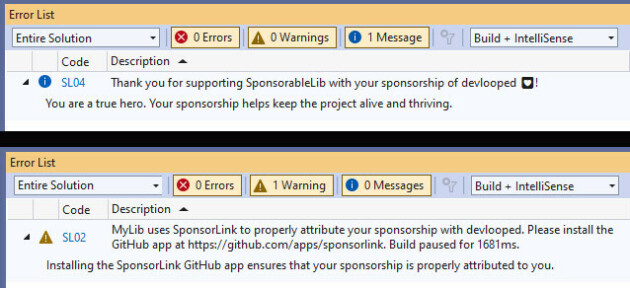 Slik ser det ut hvis et prosjekt har inkludert SponsorLink i koden. 📸: SponsorLink