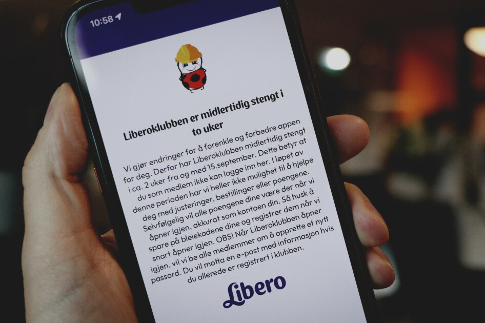 Denne beskjeden får du om du åpner Liberoklubbens app akkurat nå. De holder stengt i to uker, for å oppgradere systemene sine. 📸: Ole Petter Baugerød Stokke
