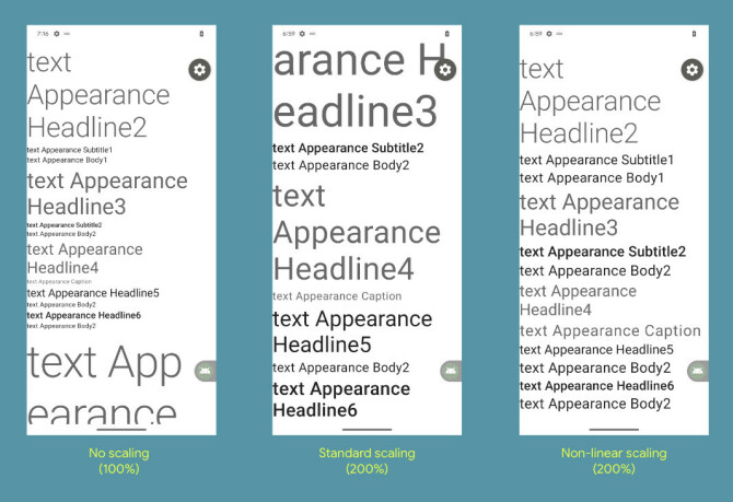 Ikke-lineær skalering (til høyre) gjør at store tekstelementer ikke blir for store – slik som på bildet i midten. 📸: Google