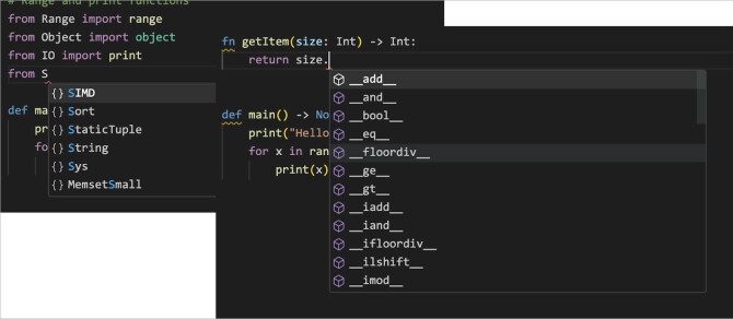 Kodefullføring i VS Code. Skjermbildet til venstre viser tilgjengelige moduler og typer. Bildet til høyre viser tilgjengelige funksjoner for "Int"-structen. 📸: Modular