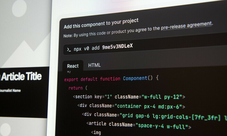 Du får ut fiks ferdige React-komponenter som du kan installere med kommandoen "npx v0 add". 📸: Kurt Lekanger