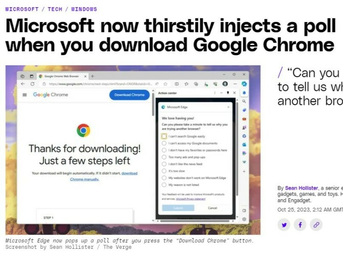Edge spør deg nå hvorfor du laster ned Chrome. 📸: TheVerge.com