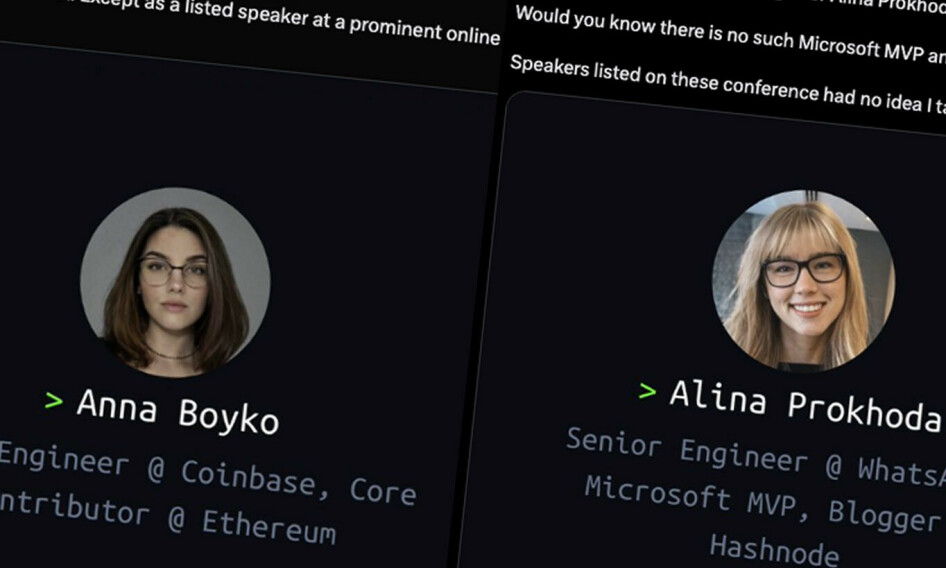 Verken Anna Boyko eller Alina Prokhoda skal eksistere i virkeligheten, men sto oppført i konferanseprogrammet til utviklerkonferansen DevTernity. 📸: Skjermbilder fra Twitter.
