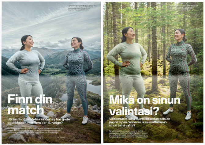 AI-genererte modeller i AI-generert norsk natur til venstre, de samme modellene i AI-generert finsk natur til høyre.