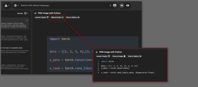 Her er et skjermbilde av Python-kode gjort om til tekst. Et trykk på "View as code" i Pieces-appen endrer fra skjermbildevisning til kodevisning.