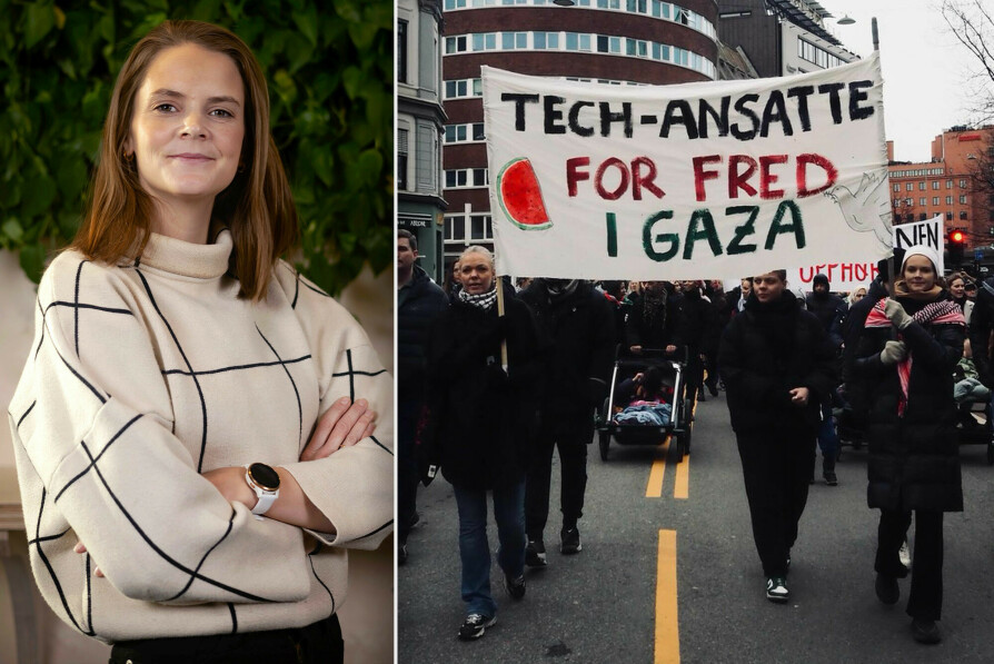 Siri Bruskeland var en av flere som gikk bak "Tech-ansatte for fred i Gaza" under et demonstrasjonstog i Oslo nylig. 📸: Oda / Jannik Abel